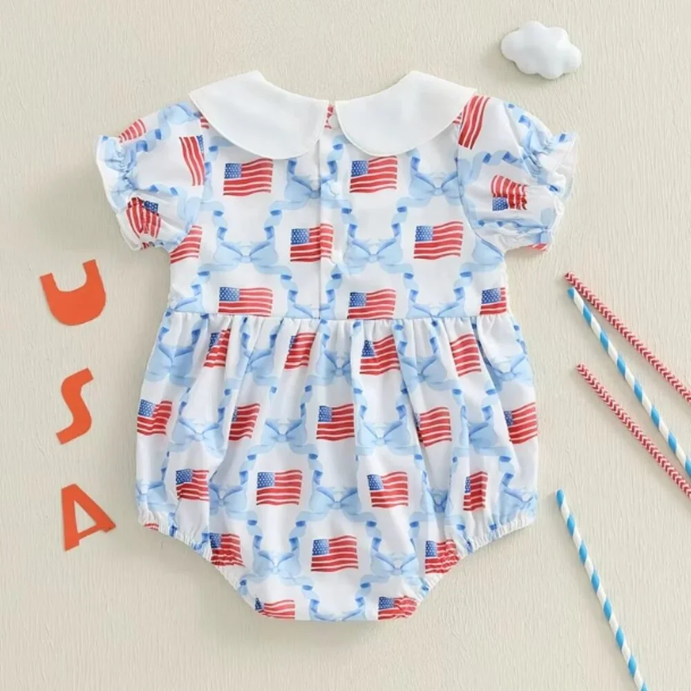 4th of July Baby Girls Embroidered Flag Bow Sleeveless Romper Jumpsuit